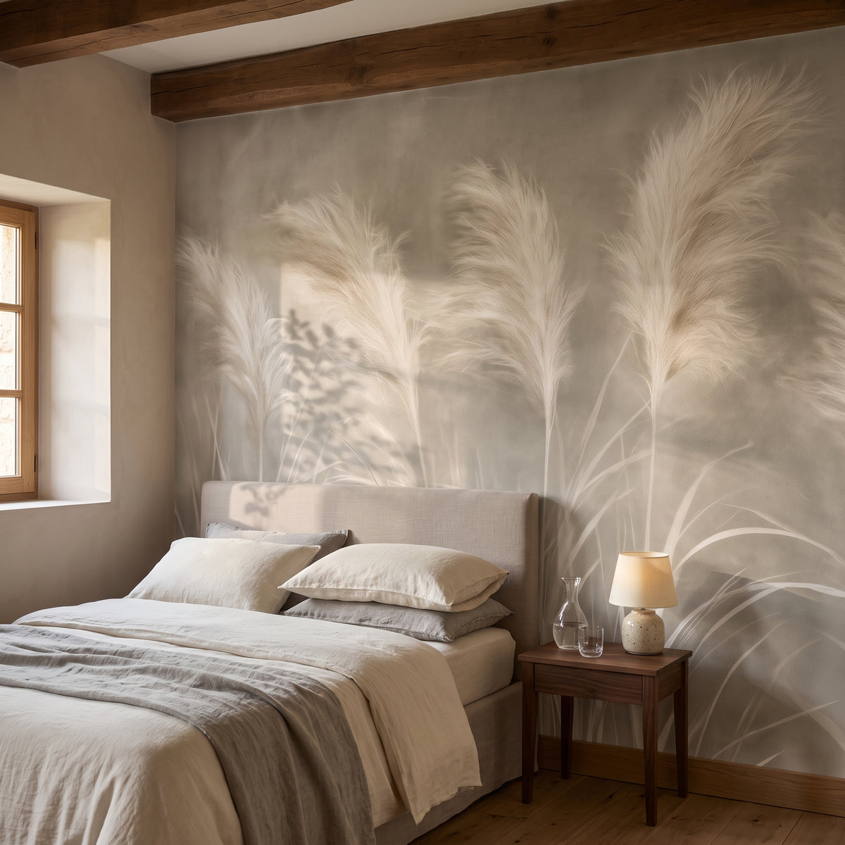 TAUPE CADENCE in der Raumgestaltung eines Schlafzimmers im Steinhaus auf dem Land, davor ein Bett mit Leinenkopfteil und Nussbaumtisch