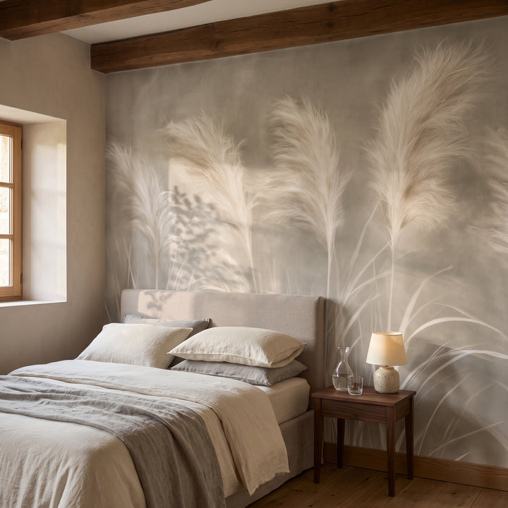 TAUPE CADENCE en la ambientación de un dormitorio en una casa rural de piedra, con cama de cabecero de lino y mesita de nogal