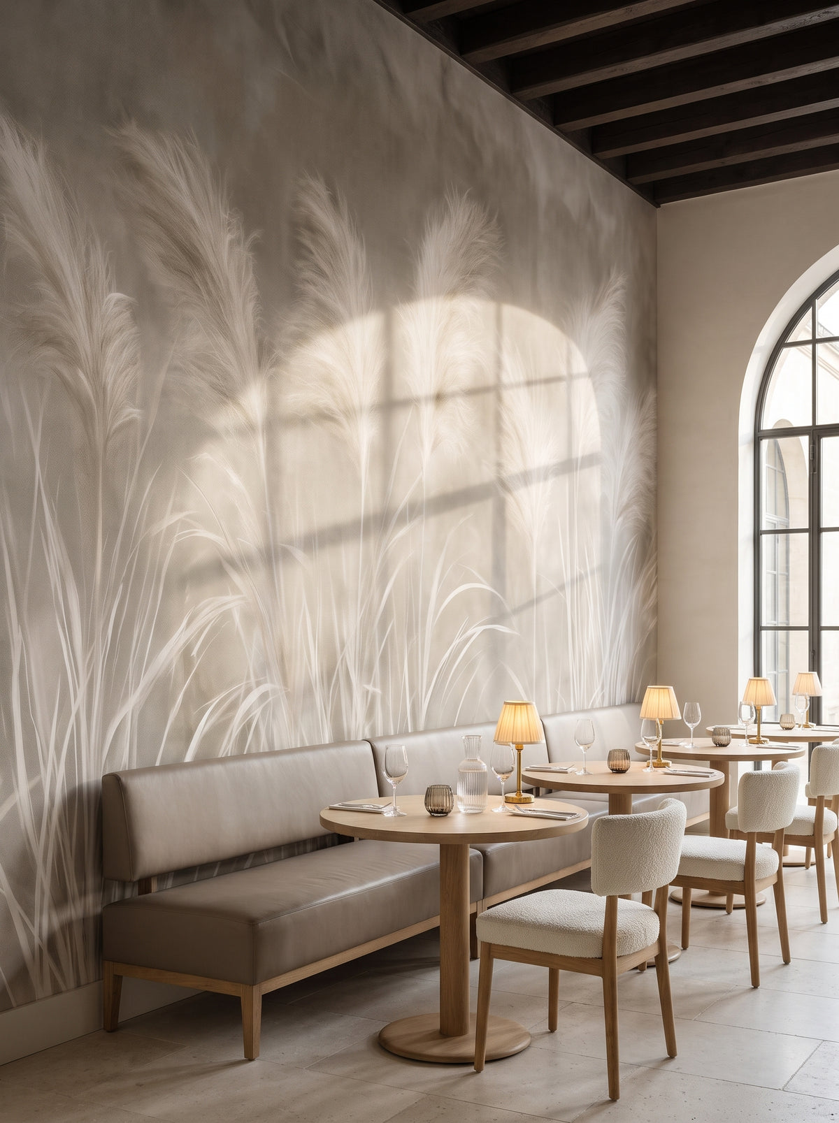 TAUPE CADENCE in der Raumgestaltung eines Restaurants in einem ehemaligen Weinlager, davor eine Lederbank in Taupe und Eichentische
