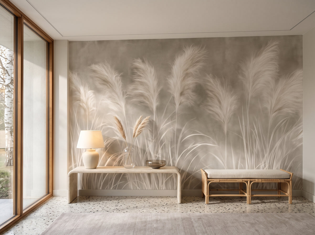 TAUPE CADENCE in der Raumgestaltung einer Eingangsdiele in einer Villa der Moderne, davor eine Travertinkonsole und eine Rattanbank