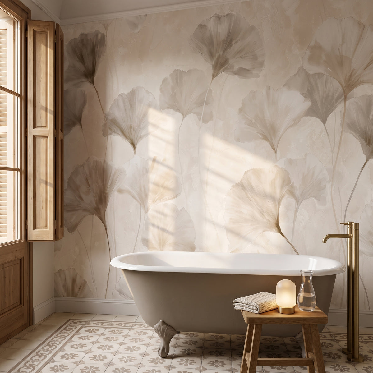 TAUPE MUSLIN in a bathroom setting in a Barcelona townhouse, with a cast-iron bath on feet in front of the wall