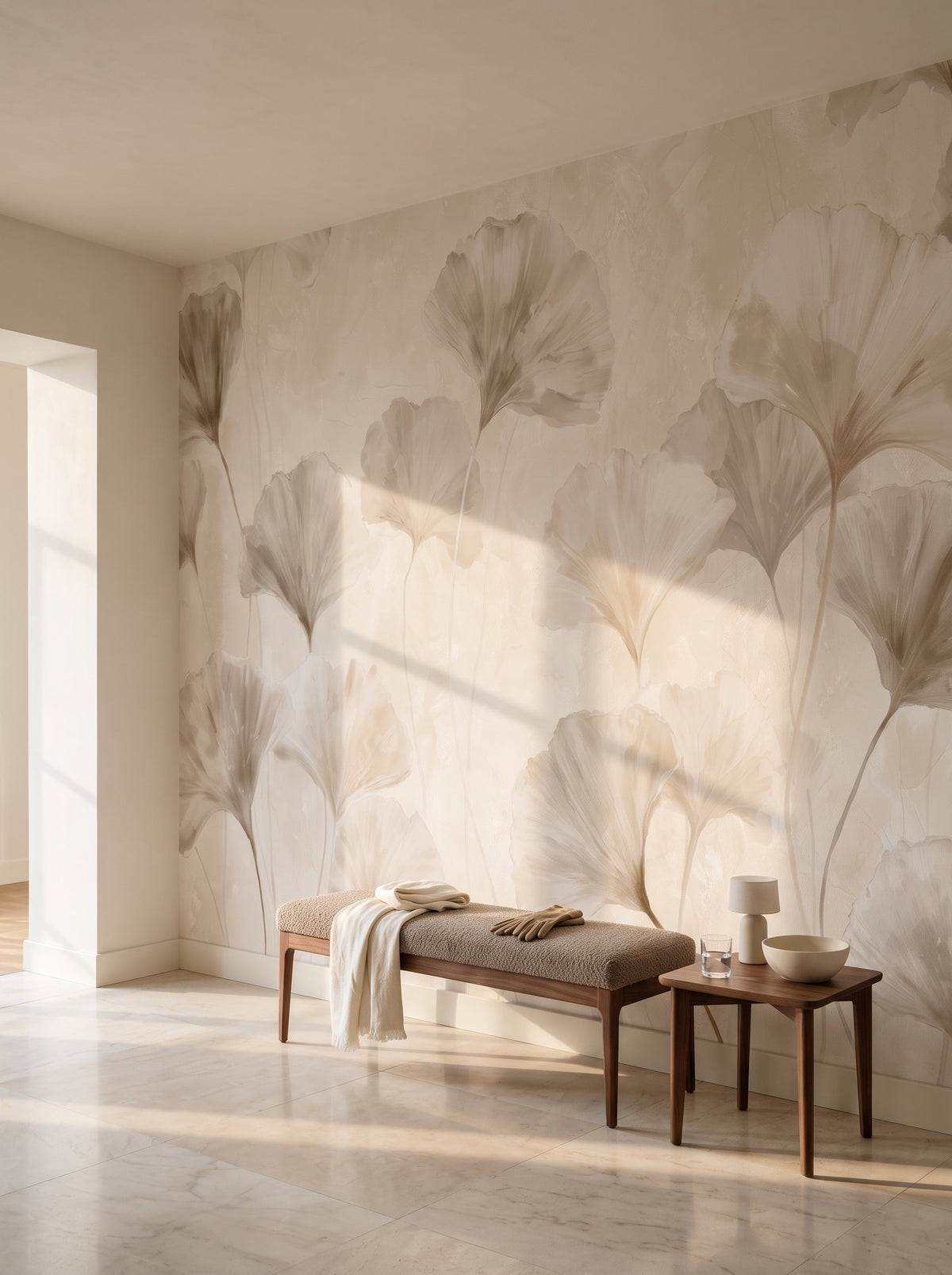 TAUPE MUSLIN in a hall setting in a 1950s Milan apartment, with a low walnut bench and a lamp in front of the wall