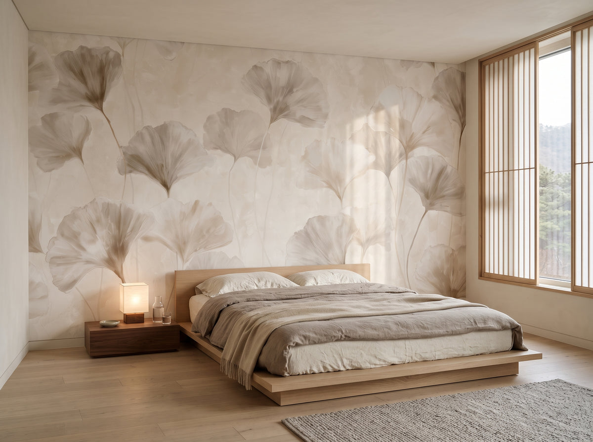 TAUPE MUSLIN in a bedroom setting in a Seoul apartment, with a low oak bed with taupe bedding in front of the wall