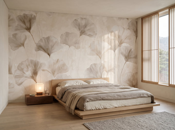 TAUPE MUSLIN in a bedroom setting in a Seoul apartment, with a low oak bed with taupe bedding in front of the wall