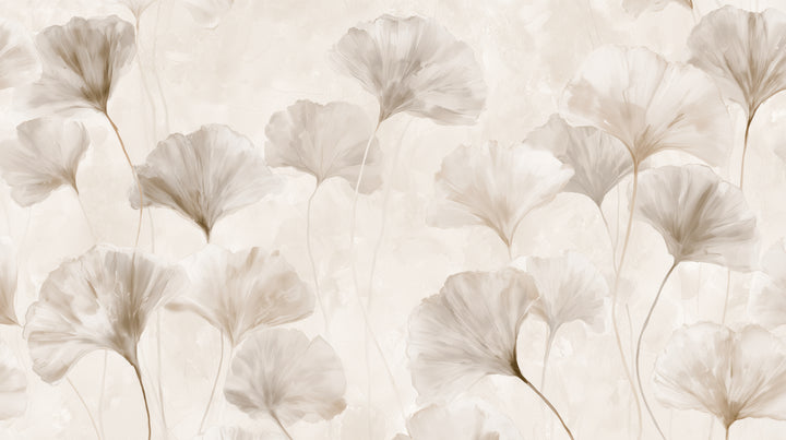 TAUPE MUSLIN – the full design: semi-transparent ginkgo leaves in taupe and greige spread evenly over a cream background