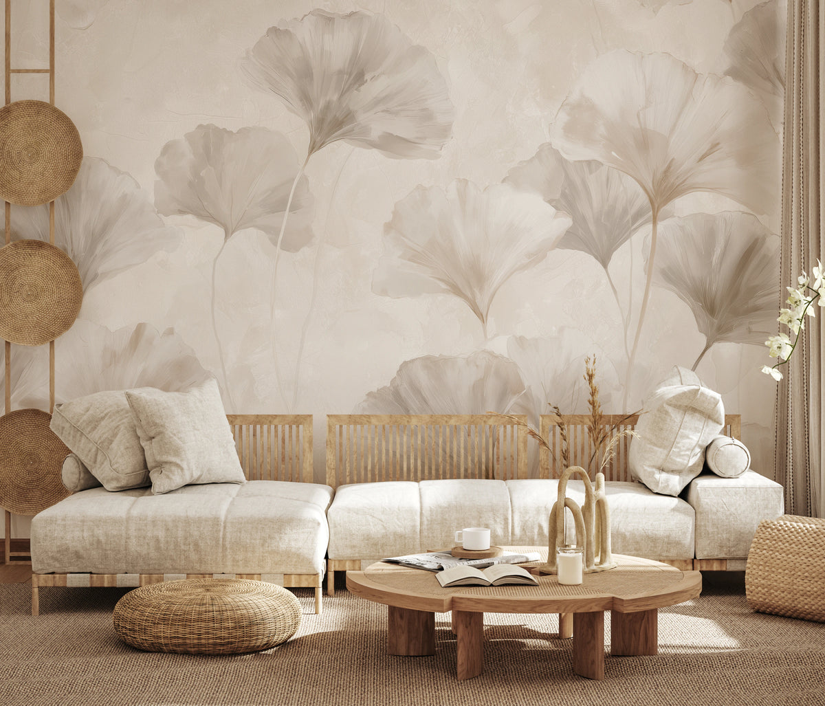 TAUPE MUSLIN on the wall of a rustic living room – leaves above a long wooden sofa show the scale of the design