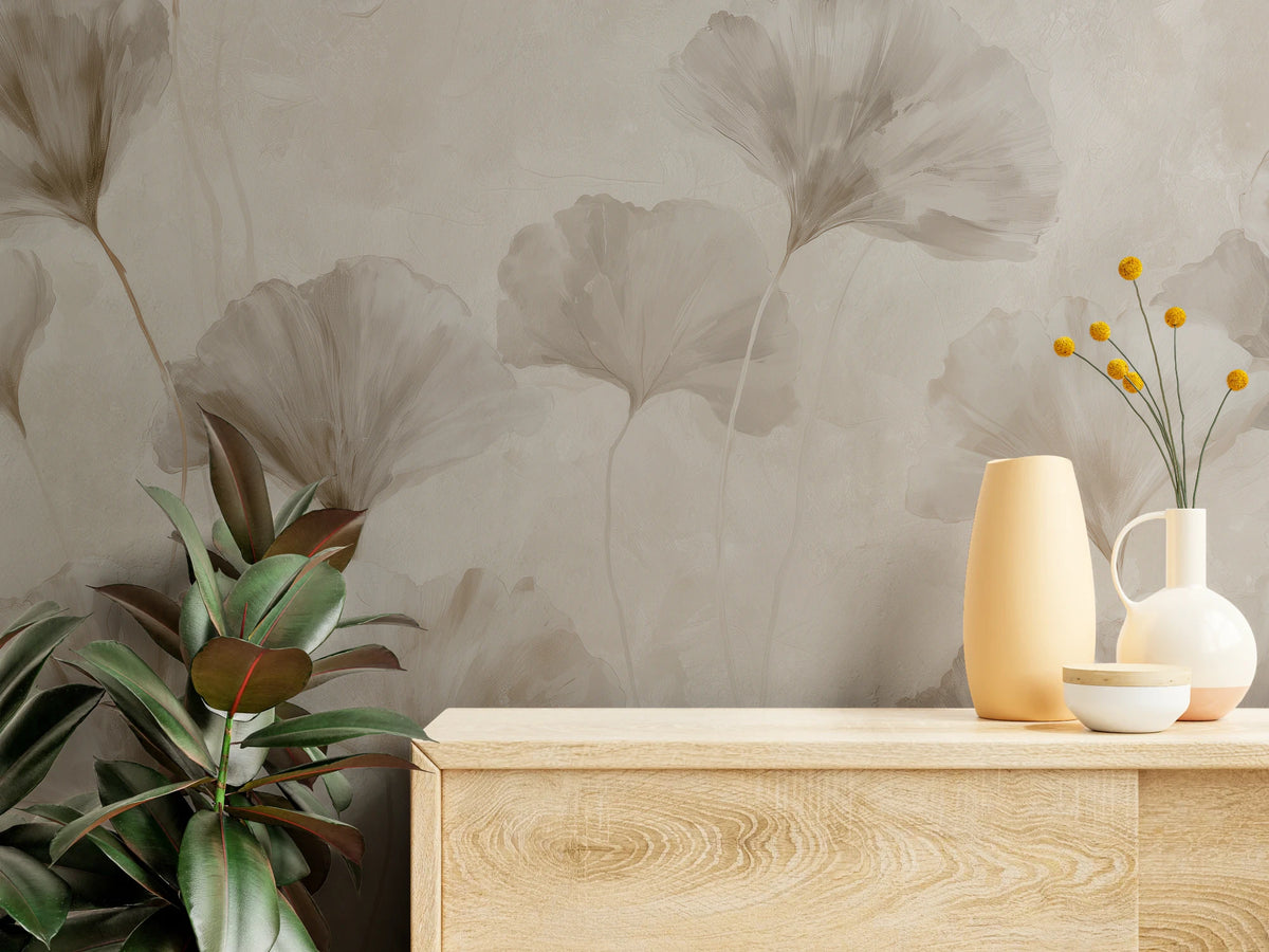 TAUPE MUSLIN close up – watercolour leaves in taupe and thin stalks above an oak chest of drawers