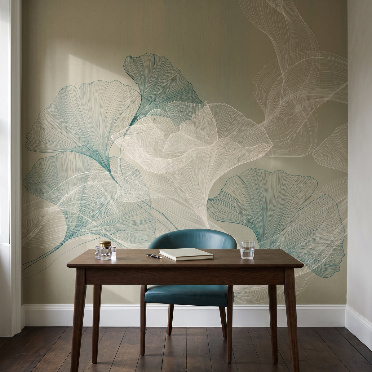 TEAL LINEN in der Raumgestaltung eines Arbeitszimmers in einem Edinburgher Altbau, davor ein dunkler Schreibtisch mit Tintenfass und meeresgrüner Ledersessel