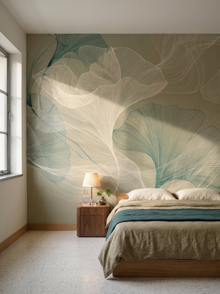 TEAL LINEN w aranżacji sypialni w funkcjonalistycznej willi w Pradze, przed ścianą niskie dębowe łóżko i orzechowy stolik