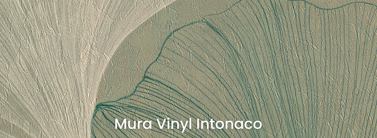 TEAL LINEN auf Mura Vinyl Intonaco – Reibeputz-Struktur auf cremefarbenen und meeresgrünen Blattlinien