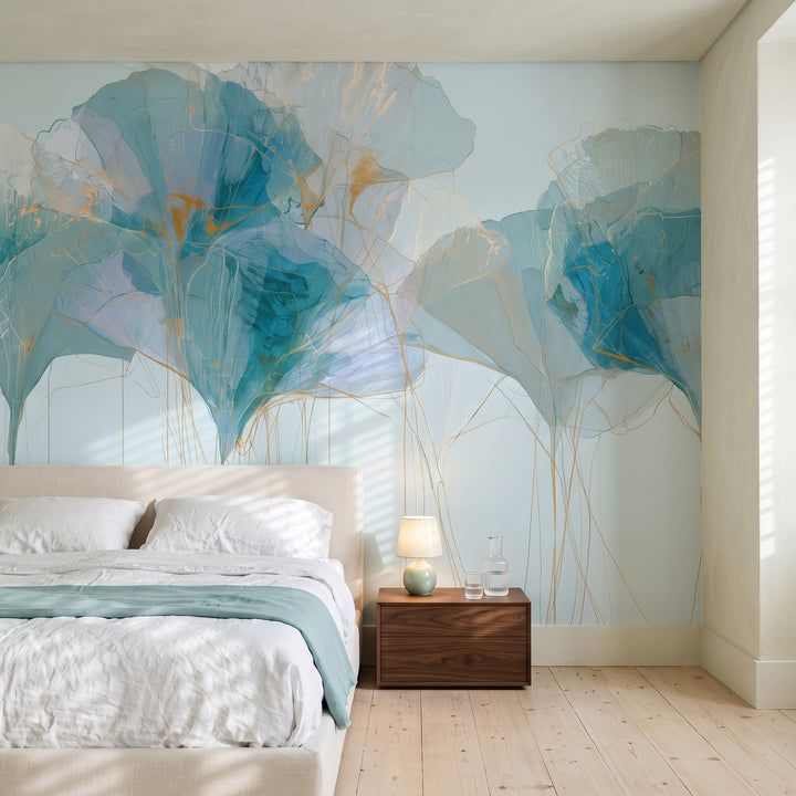 TEAL PARASOLS mis en scène dans une chambre d'hôtel du Chiado à Lisbonne, devant le mur une tête de lit basse en lin et un meuble en noyer