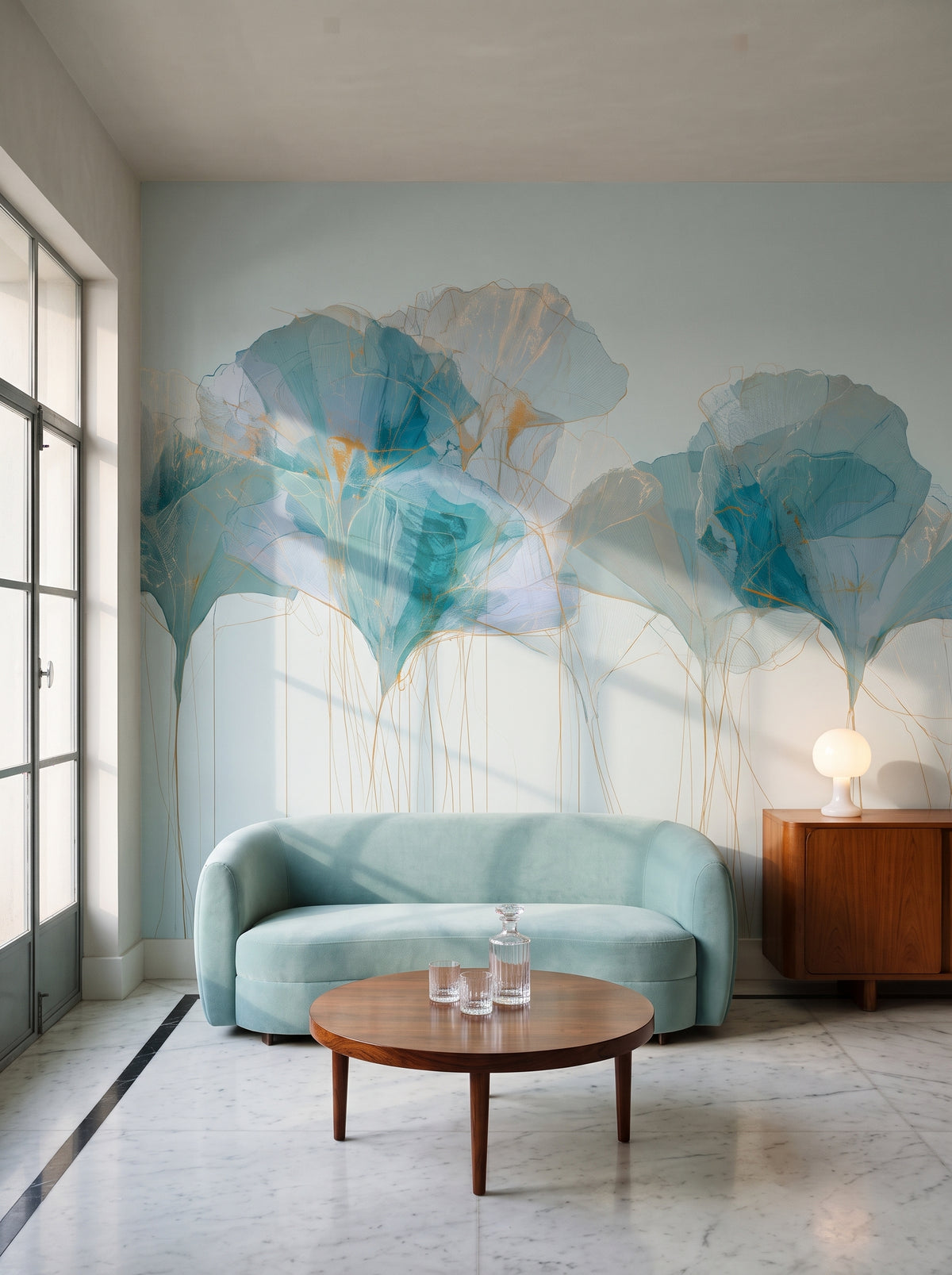 TEAL PARASOLS mis en scène dans un salon Art déco à Bombay, devant le mur un canapé arrondi en velours aigue-marine et une table en palissandre