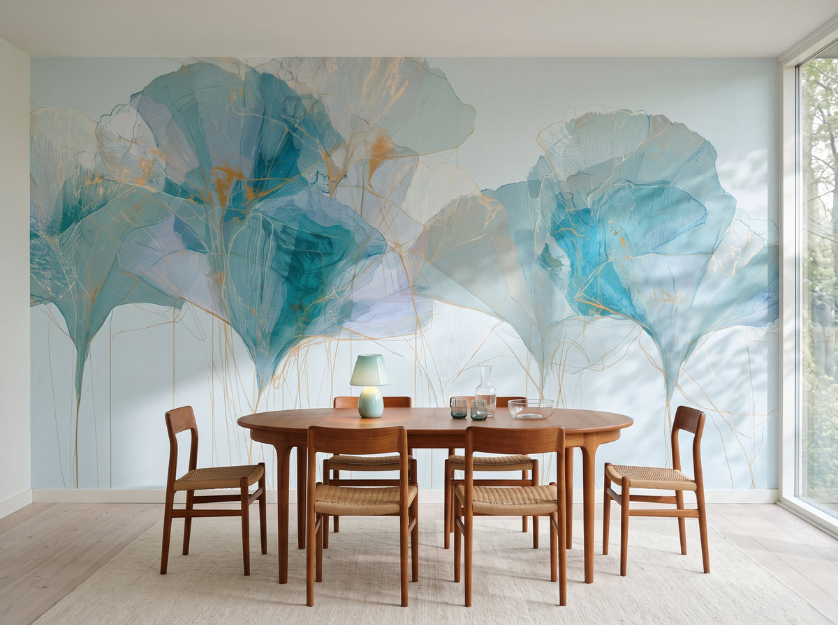 TEAL PARASOLS mis en scène dans une salle à manger danoise des années 60, devant le mur une table ovale en teck et des chaises en corde de papier