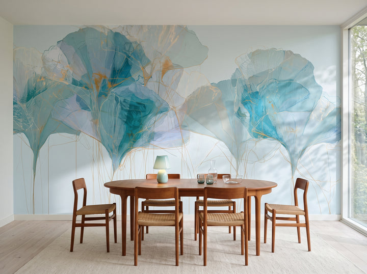 TEAL PARASOLS mis en scène dans une salle à manger danoise des années 60, devant le mur une table ovale en teck et des chaises en corde de papier