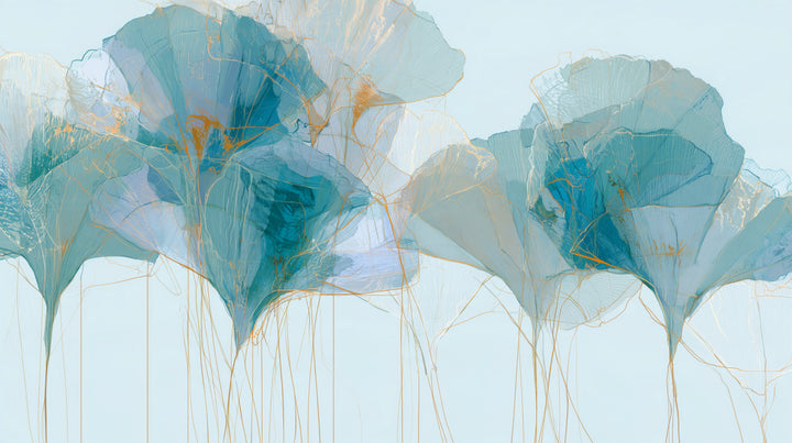TEAL PARASOLS – motif entier : deux groupes de feuilles de ginkgo turquoise aux lignes ocre au-dessus d'une bande claire de pétioles