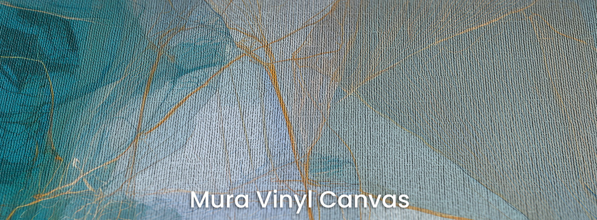 TEAL PARASOLS sur le support Mura Vinyl Canvas – trame de toile sous les lignes ocre et les nervures des feuilles