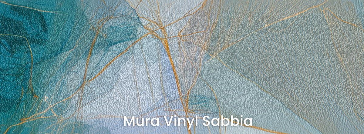 TEAL PARASOLS sur le support Mura Vinyl Sabbia – texture granuleuse sous le dessin ocre des feuilles