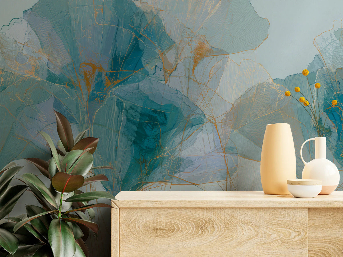TEAL PARASOLS de près – centres turquoise foncé des feuilles et lignes ocre au-dessus d'une commode claire en bois avec des vases