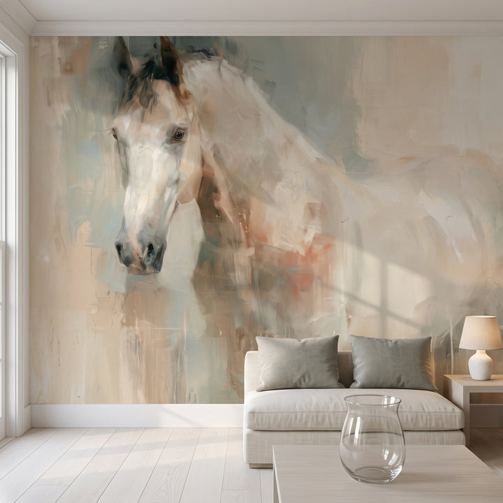 TENDER GLANCE en la ambientación de un salón: cabeza del caballo blanco junto a un sofá bajo de lino y una mesa de fresno claro