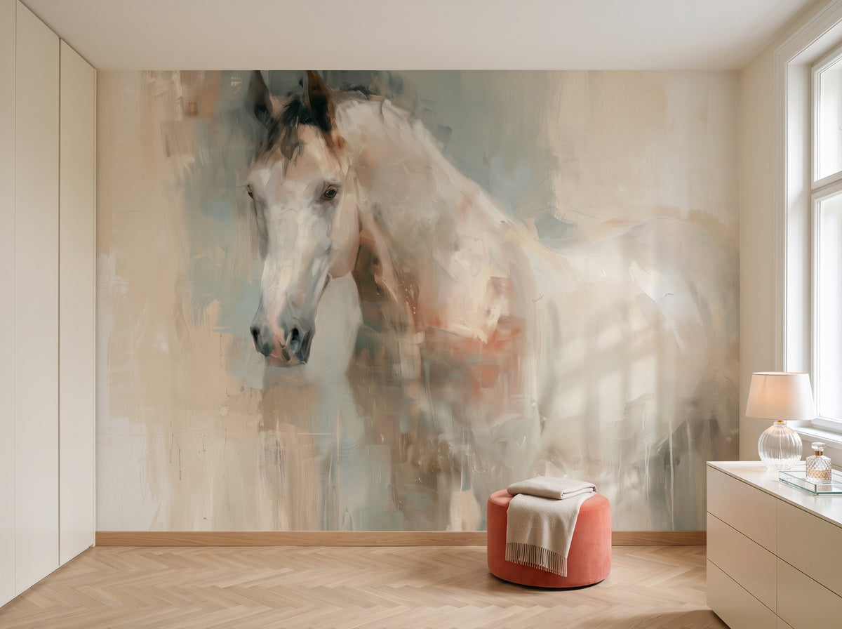 TENDER GLANCE in der Raumgestaltung eines Ankleidezimmers: ganze Wand hinter korallenfarbenem Hocker und heller Kommode mit Glaslampe