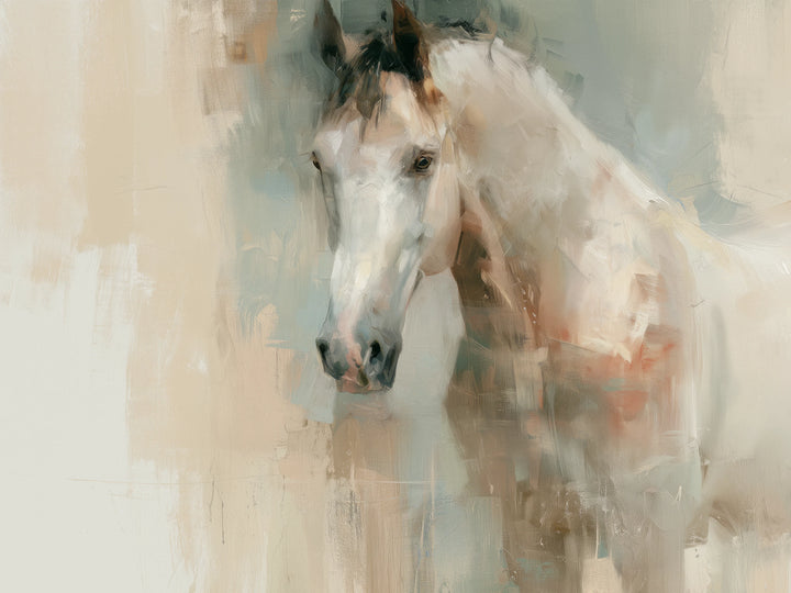 TENDER GLANCE de cerca: cabeza del caballo blanco con flequillo oscuro y hocico gris, manchas coral junto al cuello y vetas verticales de beige