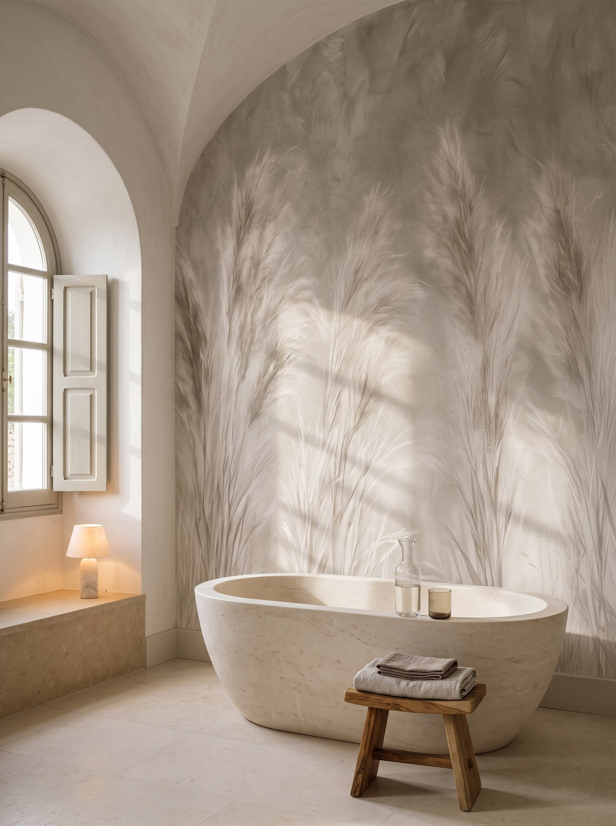 THROUGH MUSLIN in einer Badezimmer-Raumgestaltung in einer Villa in Sidi Bou Said, vor der Wand eine Steinbadewanne und ein Holzhocker