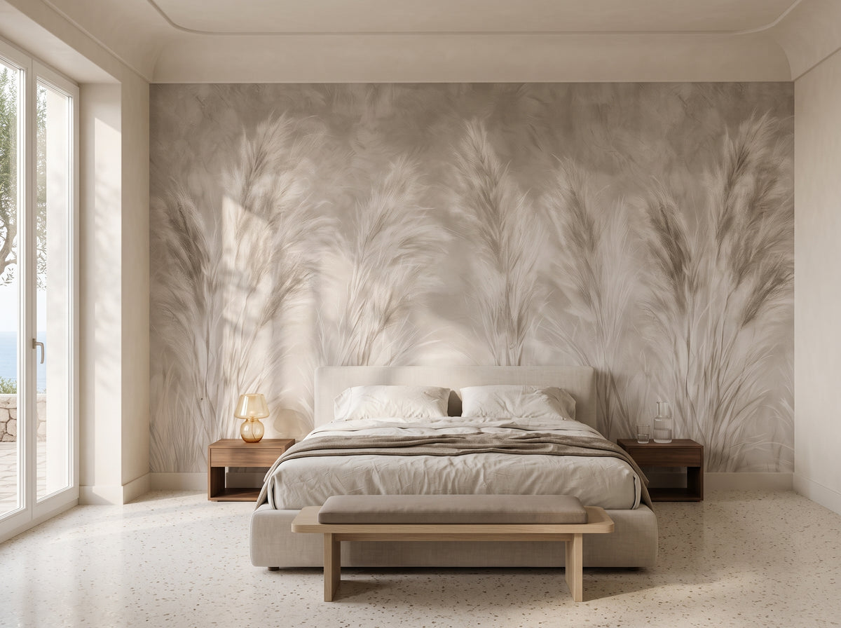THROUGH MUSLIN in einem Schlafzimmer-Interieur in einer Villa in Ravello, vor der Wand ein niedriges Leinenbett und ein Nachttisch aus Nussbaum