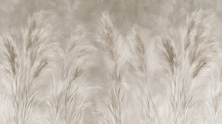 THROUGH MUSLIN – diseño completo: hilera de plumeros de pampa difuminados sobre fondo gris cálido con niebla lechosa abajo