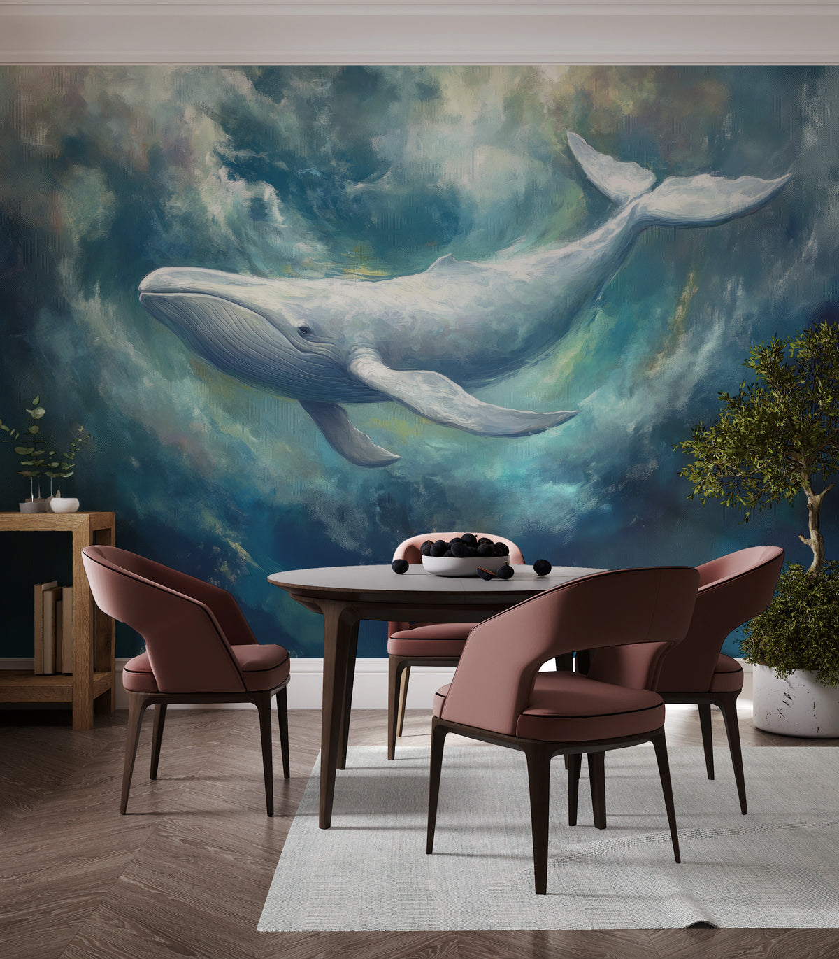 THUNDERHEAD on a full dining-room wall: the whole whale in a ring of turquoise and navy clouds above a round table with chairs