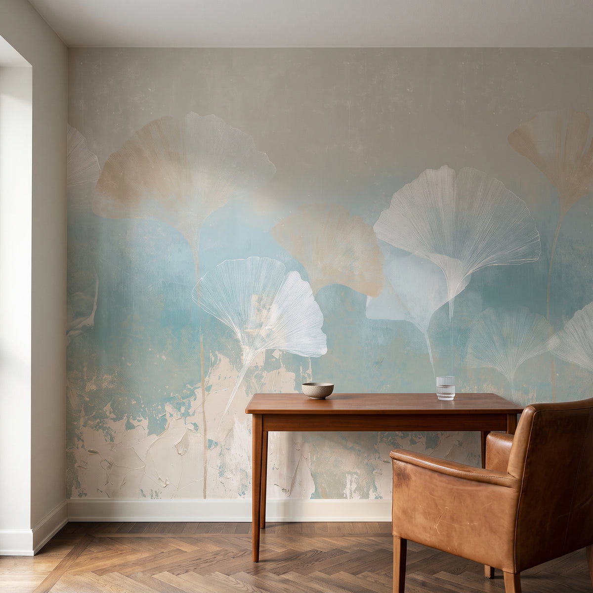 TIDEPOOL mis en scène dans un bureau d'un appartement copenhaguois, devant le mur un bureau en bois avec un bol en céramique et un fauteuil en cuir