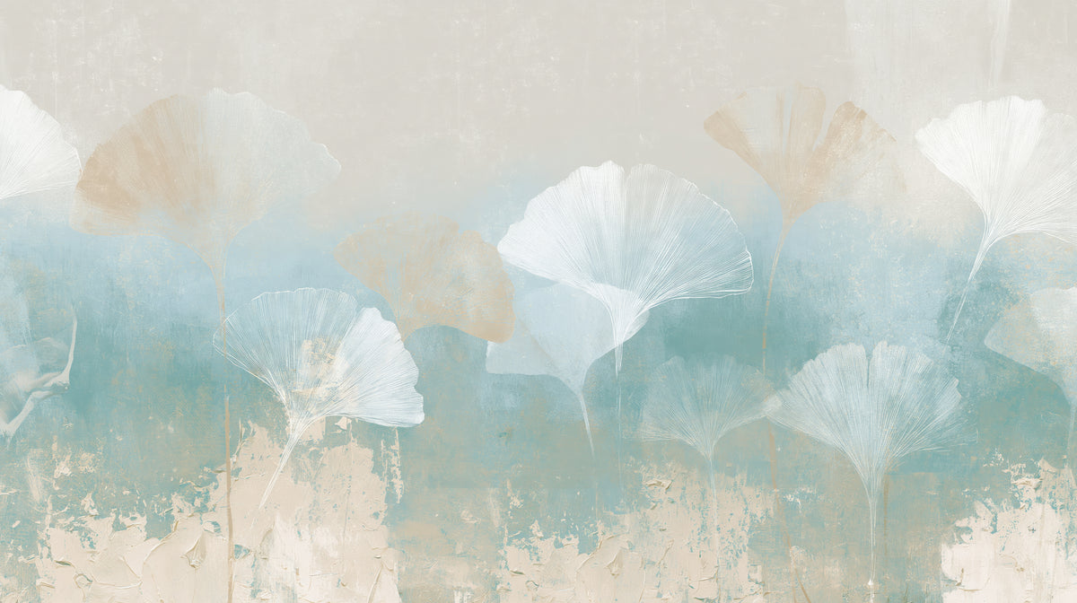 TIDEPOOL – motif entier : feuilles de ginkgo blanches et beiges sur un fond gris-beige et turquoise, au-dessus d'une peinture crème qui s'écaille
