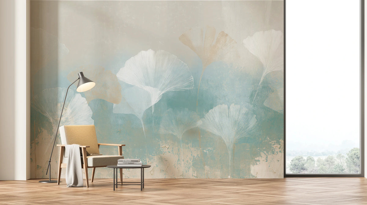 TIDEPOOL sur tout le mur d'un salon clair à grande fenêtre : un seul éventail de feuille a la taille d'un fauteuil