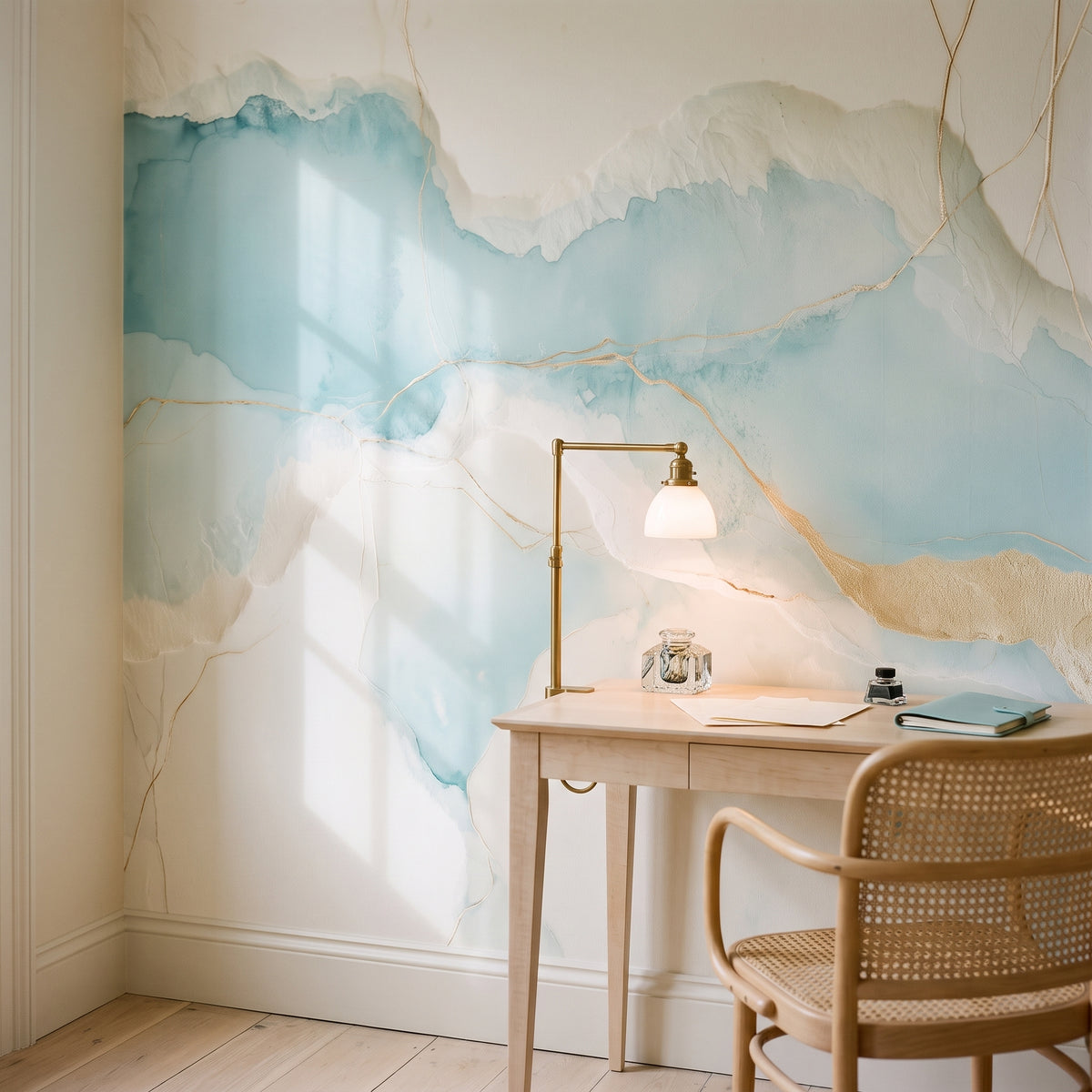TORN WASHI in a writing room setting: turquoise, cream and a gold patch behind a light desk, a lamp and a chair with woven cane