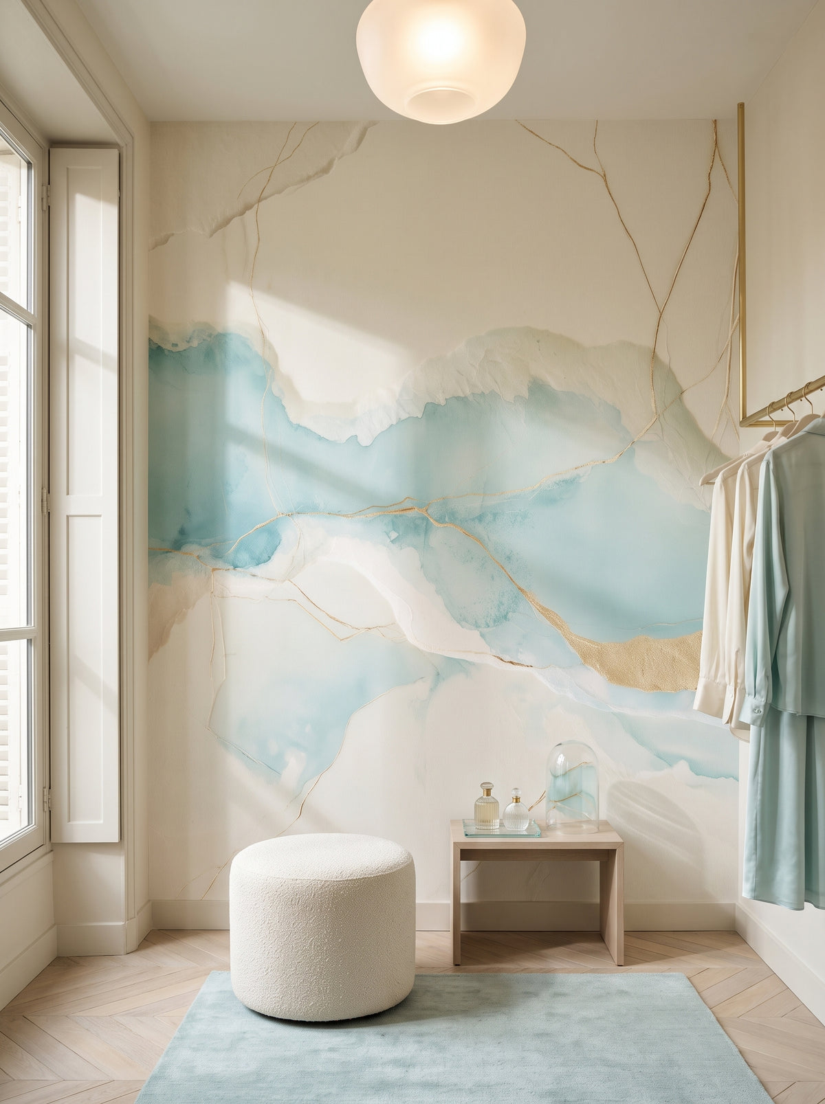 TORN WASHI in a dressing room setting: a watercolour wall in turquoise and cream behind a round cream pouffe