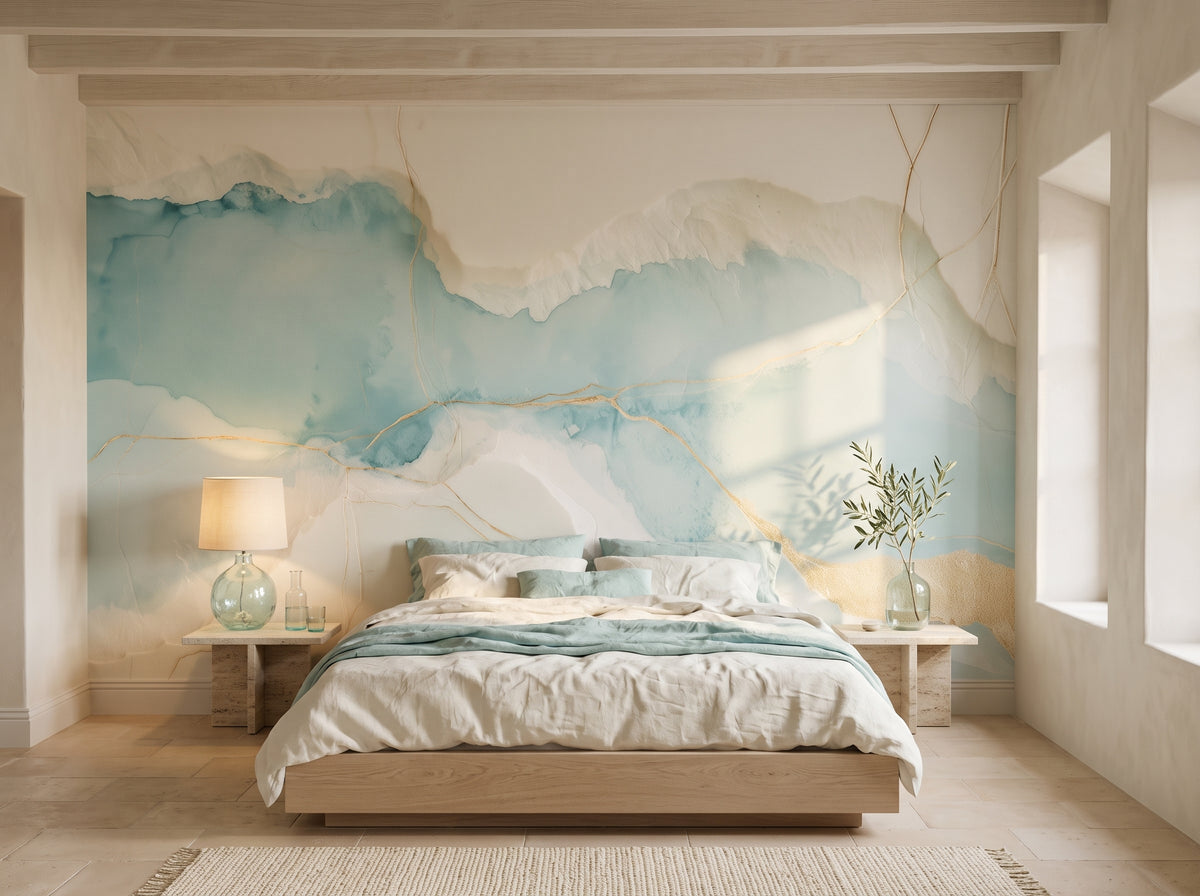 TORN WASHI in a bedroom setting: a whole wall with a band of light turquoise above a low bed in linen bedding