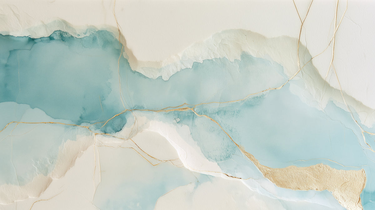 TORN WASHI – the full design: cream at the top and bottom, a band of light turquoise in the middle, thin gold lines and a gold patch in the corner
