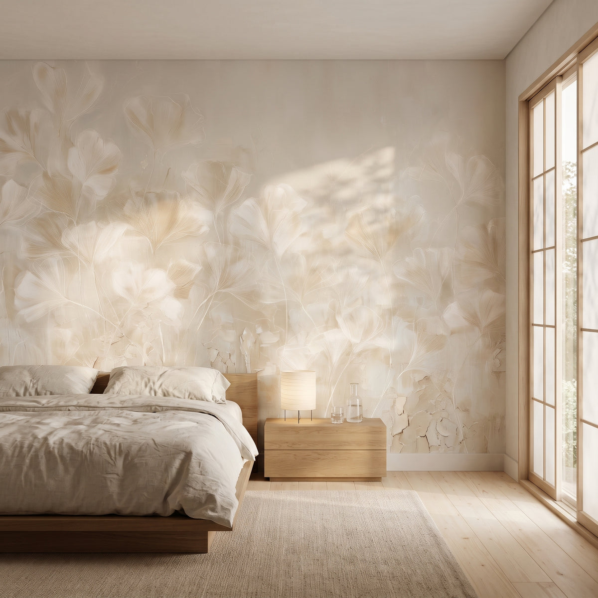 TRACERY in a bedroom setting in a Japanese house in Hakone, with a low oak bed and a bedside chest in front of the wall