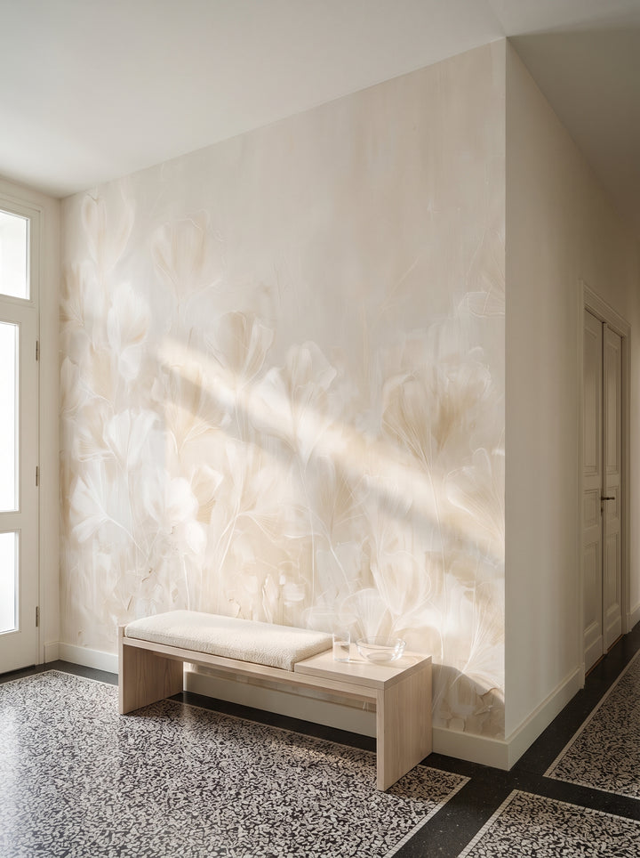TRACERY in a hall setting in a Viennese Art Nouveau townhouse, with an ash bench with a wool seat, a glass and a bowl in front of the wall