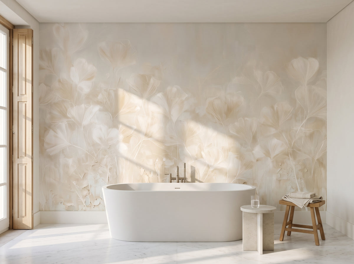 TRACERY in a bathroom setting in a Lisbon townhouse, with a freestanding stone bath and a teak stool in front of the wall