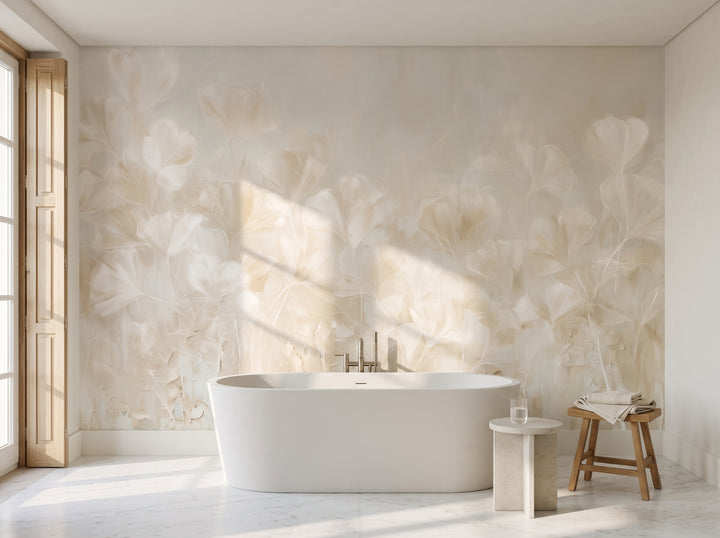 TRACERY in a bathroom setting in a Lisbon townhouse, with a freestanding stone bath and a teak stool in front of the wall