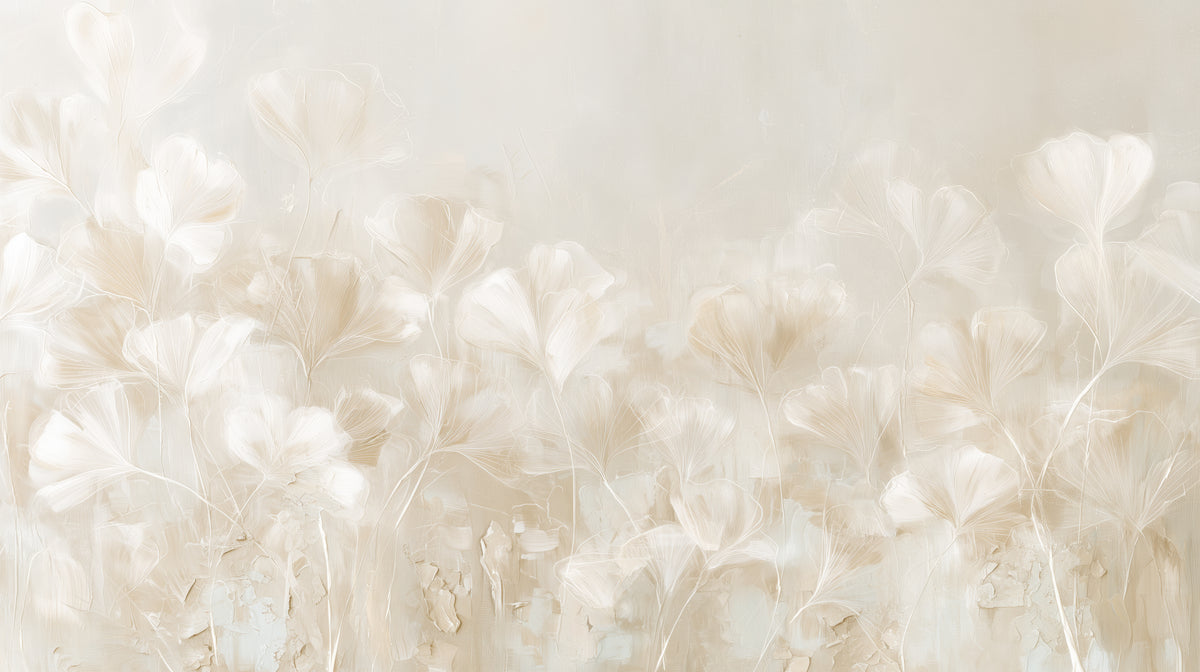 TRACERY – the full design: large cream-white ginkgo leaves with a white outline on long stems