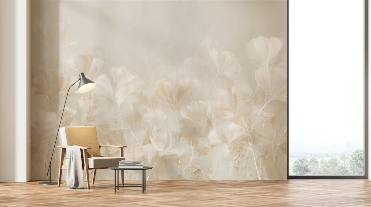 TRACERY across the whole wall of a bright living room with a panoramic window – the leaves reach higher than the lamp above the armchair