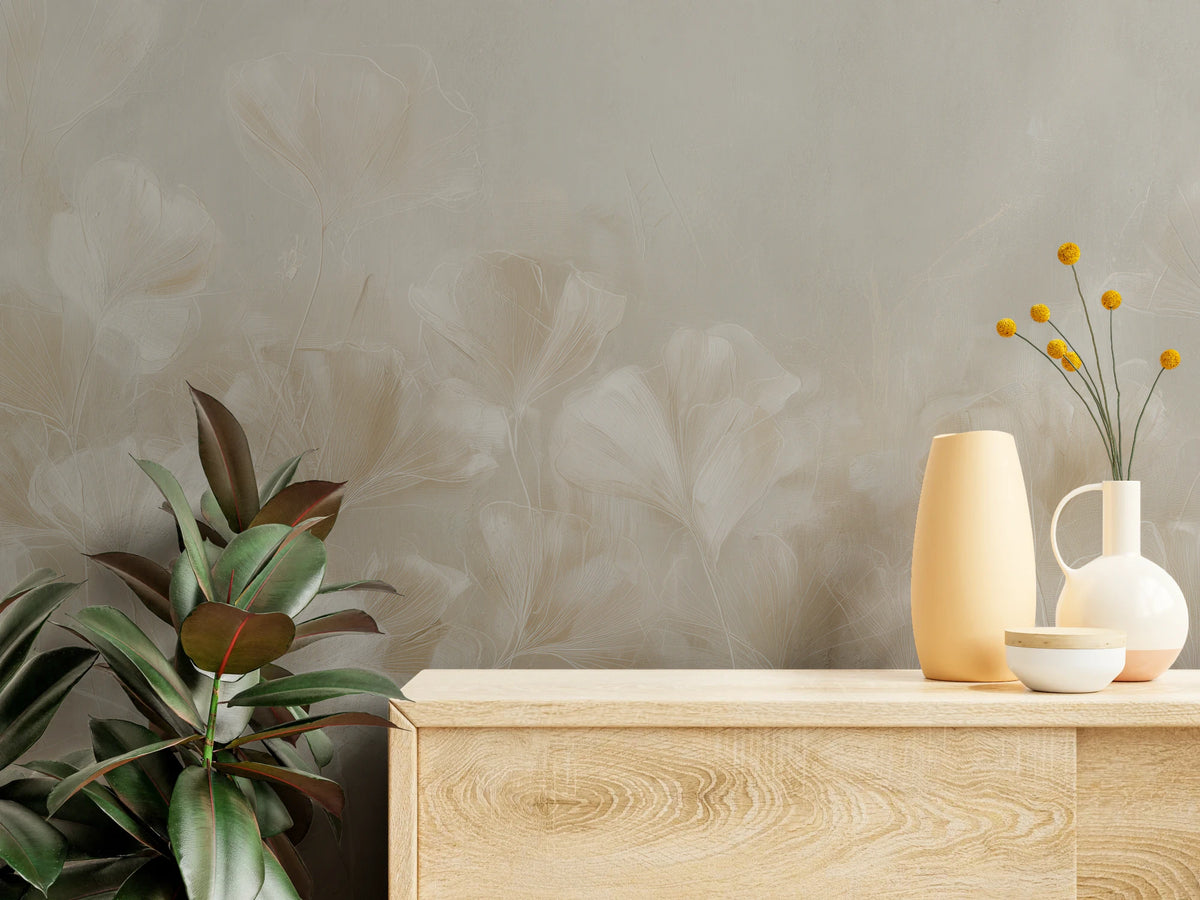 TRACERY close up – white outlines and veins of the leaves behind a pale chest of drawers with vases