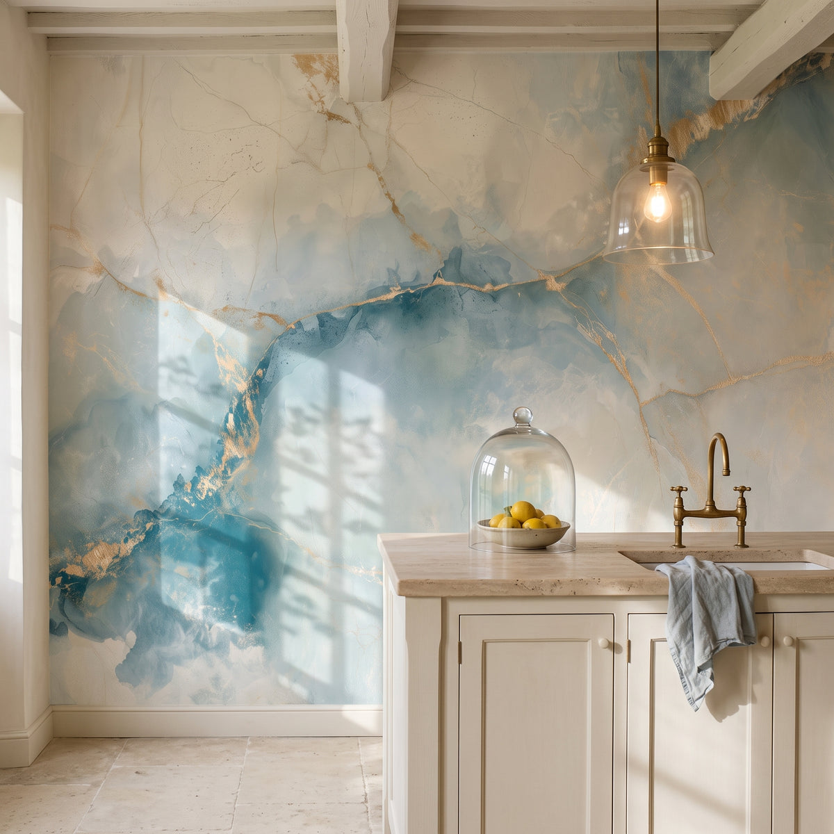 TRAVERTINE ATLAS, mise en scène d’une cuisine en Provence, derrière un îlot crème au plan de travail en pierre