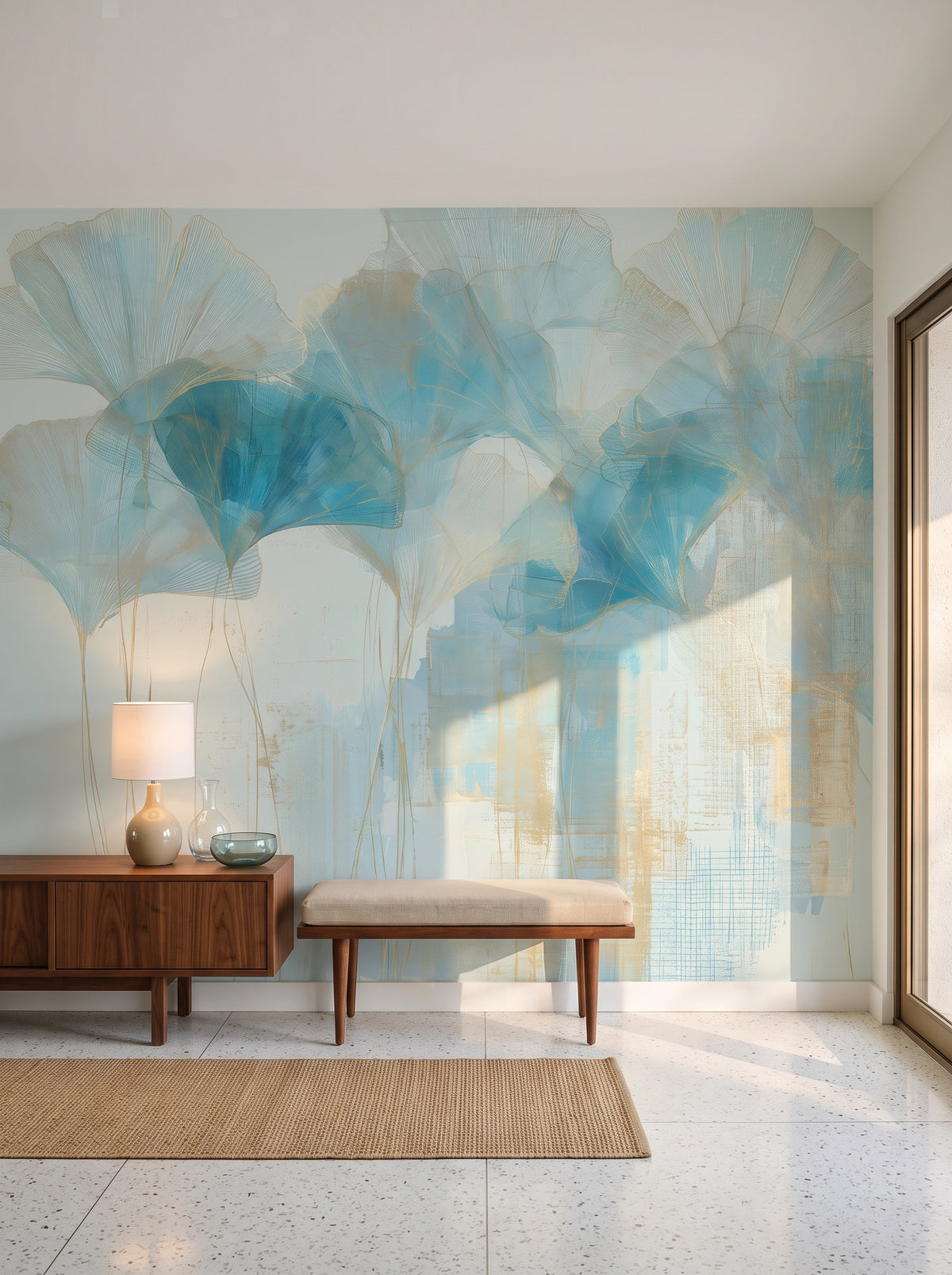 TURQUOISE WEFT nell'ambientazione di un ingresso in una casa modernista a Palm Springs, davanti alla parete panca in noce e consolle bassa