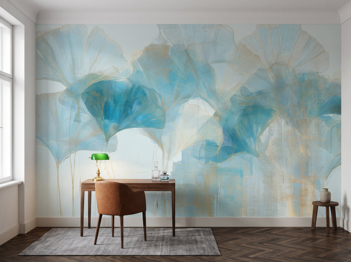 TURQUOISE WEFT nell'ambientazione di uno studio in un palazzo liberty a Vienna, davanti alla parete scrivania in noce e poltrona color cognac