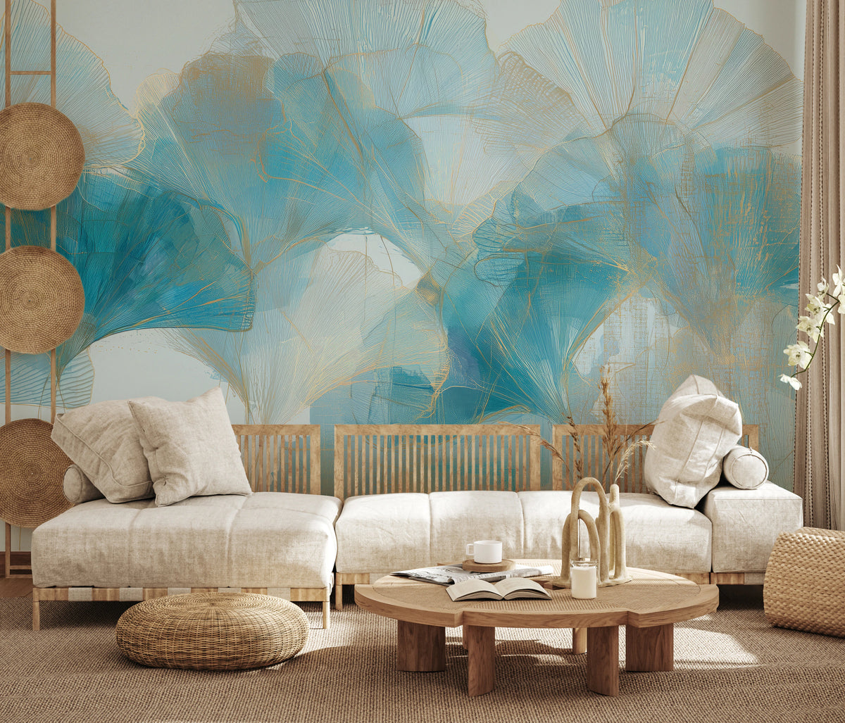 TURQUOISE WEFT sulla parete di un soggiorno luminoso – grandi foglie turchesi sopra un divano in lino con schienale in legno e pouf in rattan