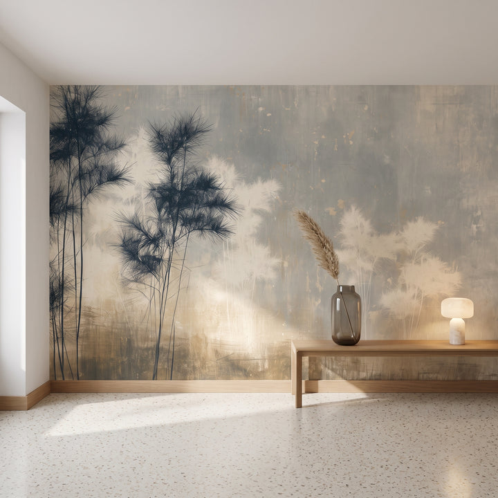 TWIN SENTRIES in an entrance hall setting in a Bauhaus house in Tel Aviv, with a low oak console and a small lamp in front of the wall
