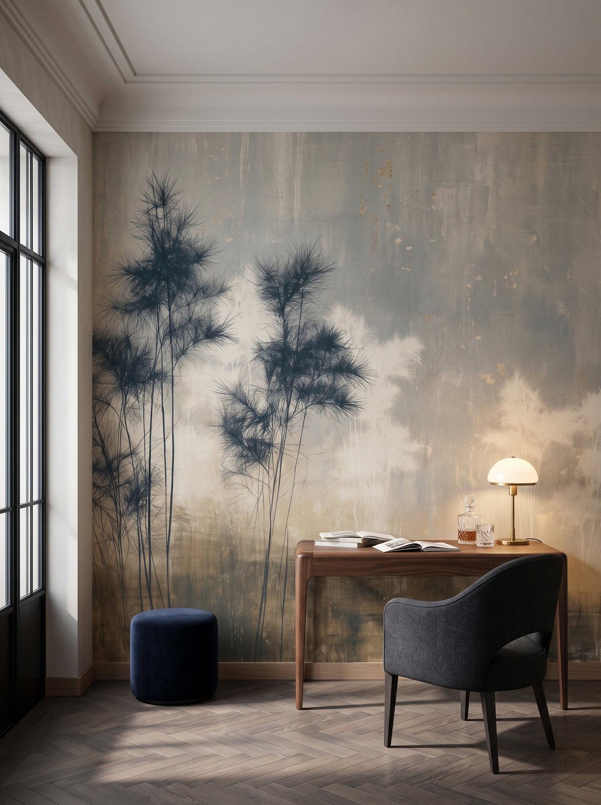 TWIN SENTRIES in einer Raumgestaltung: Arbeitszimmer in einem Art-déco-Apartment in Brüssel, vor der Wand Schreibtisch aus Nussbaum und Graphitsessel