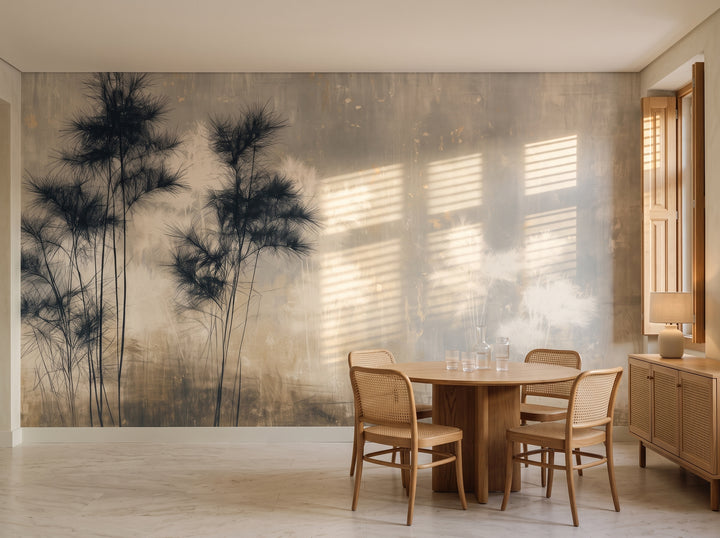 TWIN SENTRIES in a dining room setting in a Lisbon townhouse, with a round table, chairs and a low sideboard in front of the wall